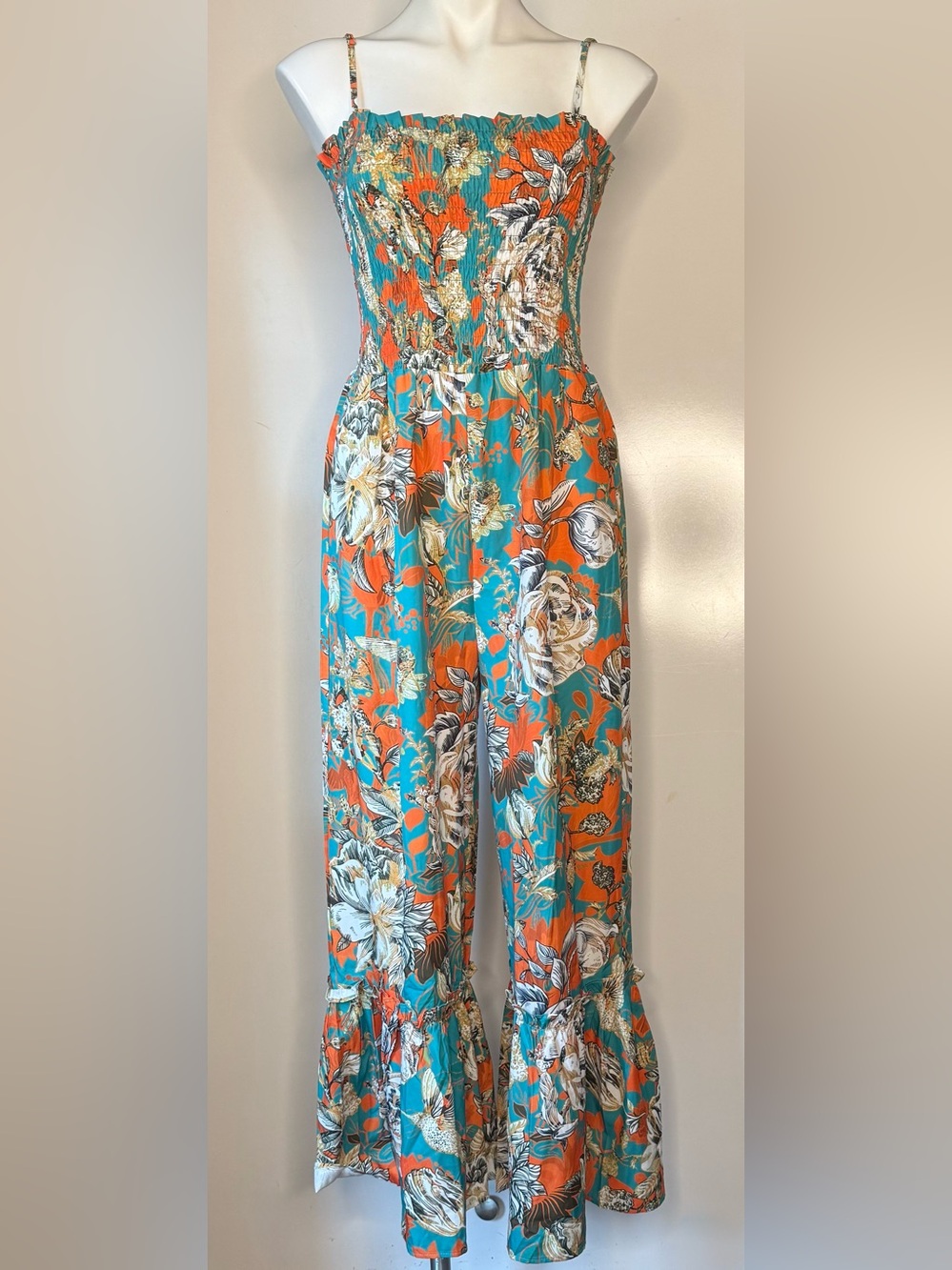 Floral Fashion Hummingbird Jumpsuit (M/S) Emerald and Orange Flare Wide-Leg